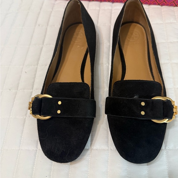 Tory Burch Black Suede Loafers with Gold Buckle - Picture 2 of 11